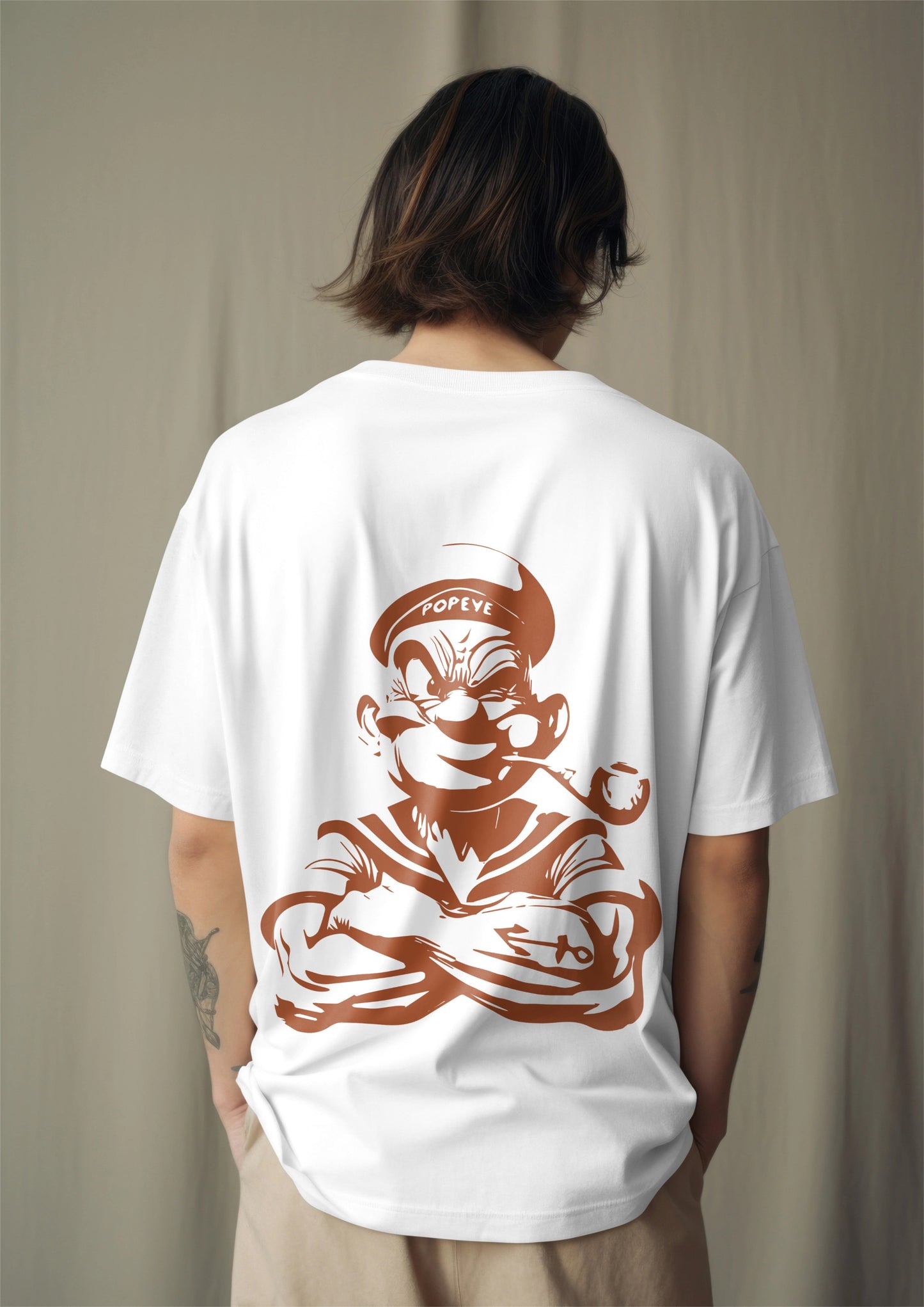 Popeye Graphic Back Print Oversized White T-Shirt Harble Outfits