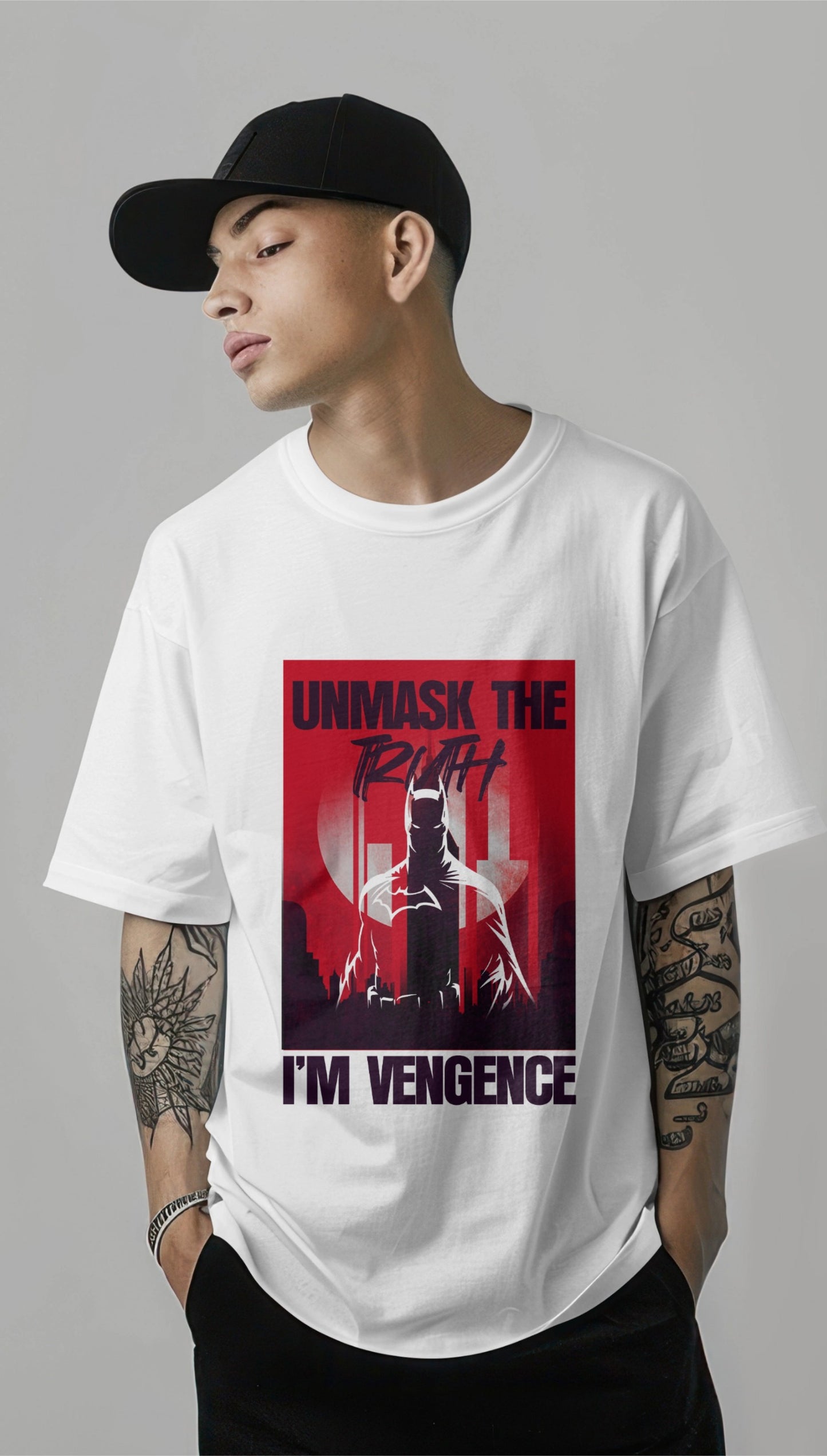 Vengeance t-shirt

Batman oversized tee

Gotham graphic shirt

Unmask the truth t-shirt

Comic book streetwear India

Superhero oversized t-shirt

Men’s anime & hero merch