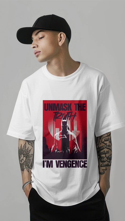 Vengeance t-shirt

Batman oversized tee

Gotham graphic shirt

Unmask the truth t-shirt

Comic book streetwear India

Superhero oversized t-shirt

Men’s anime & hero merch