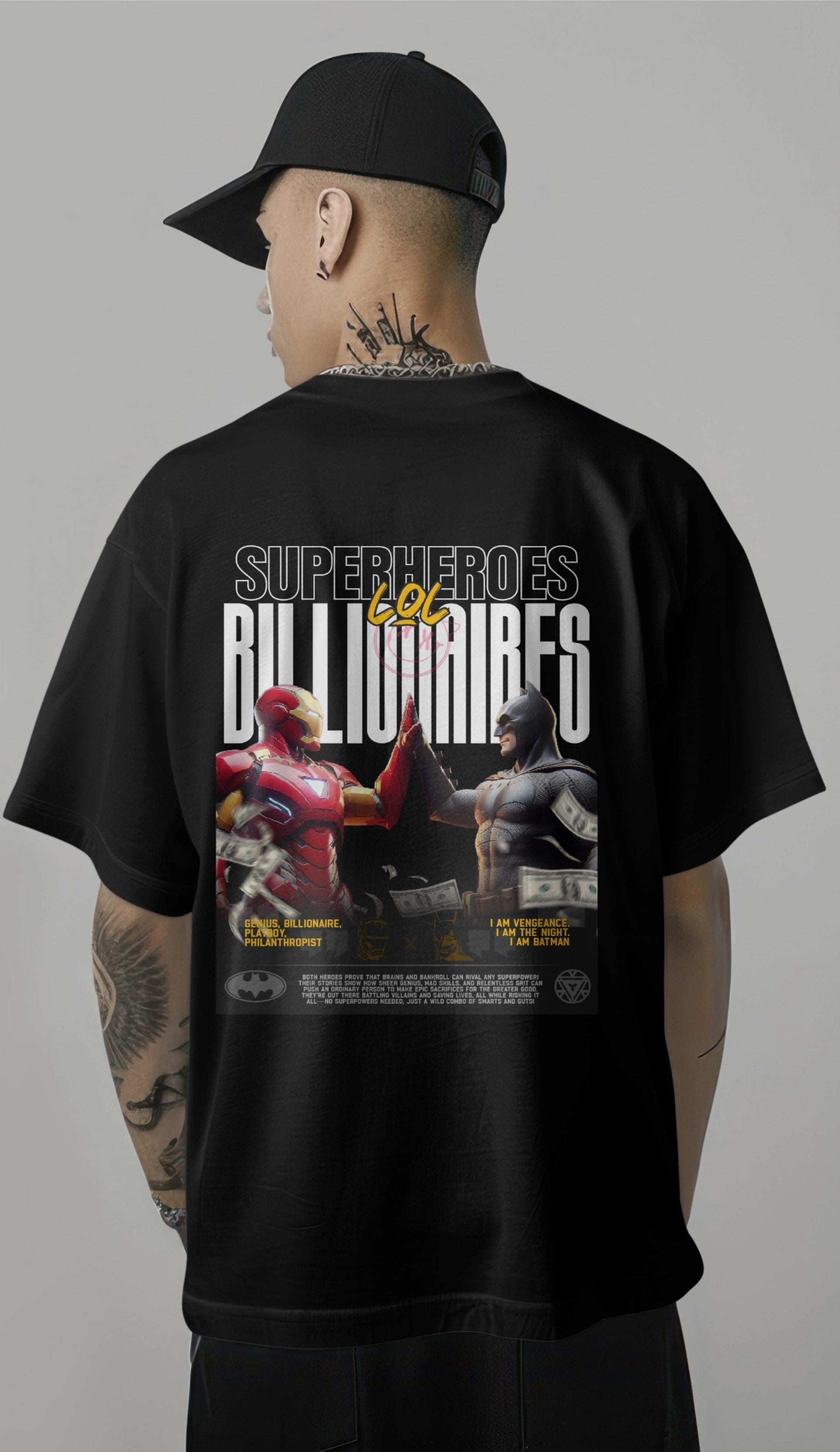 Iron Man vs Batman – "Billionaire Superheroes" Oversized T-Shirt Harble Outfits