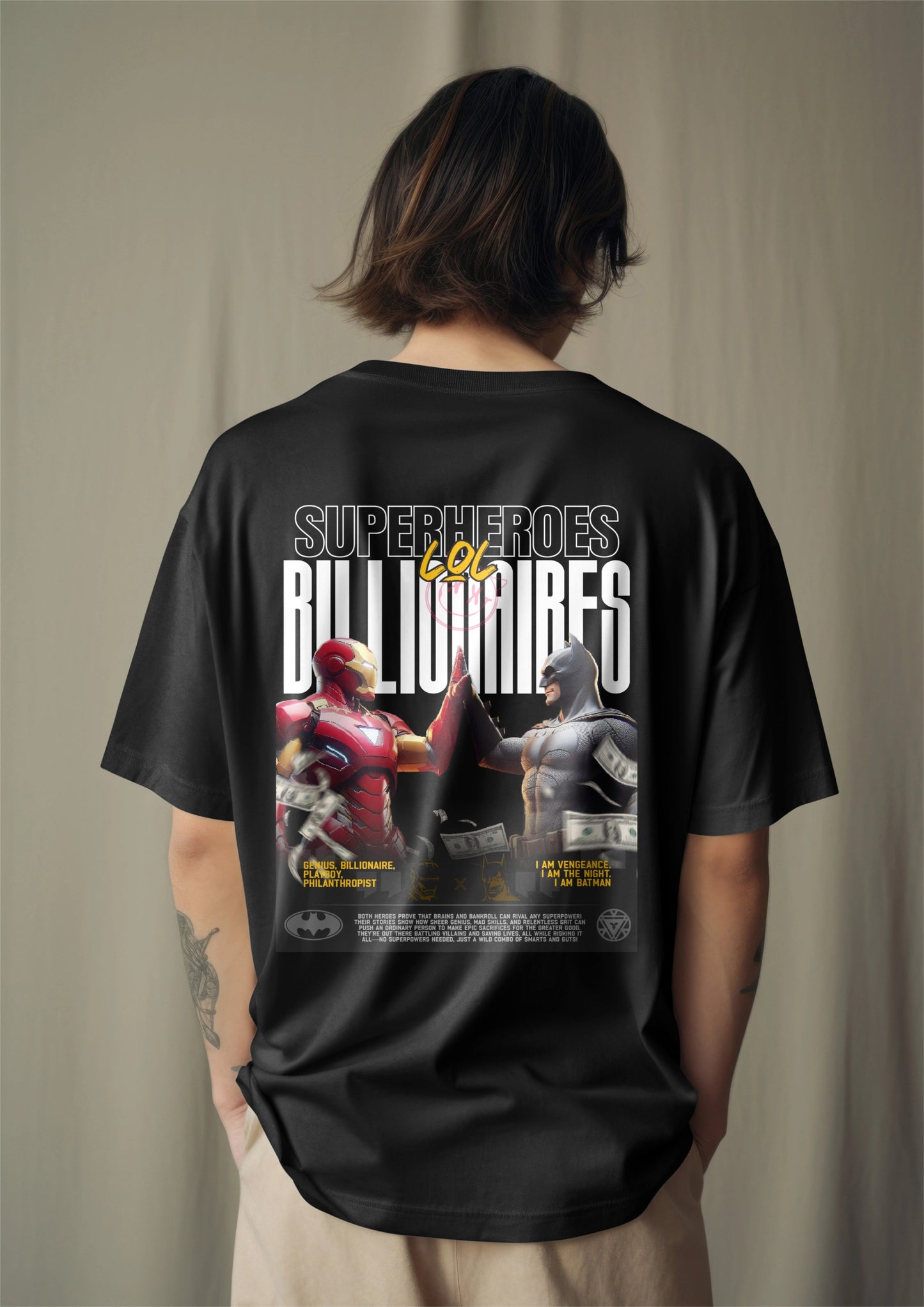 Iron Man vs Batman – "Billionaire Superheroes" Oversized T-Shirt Harble Outfits