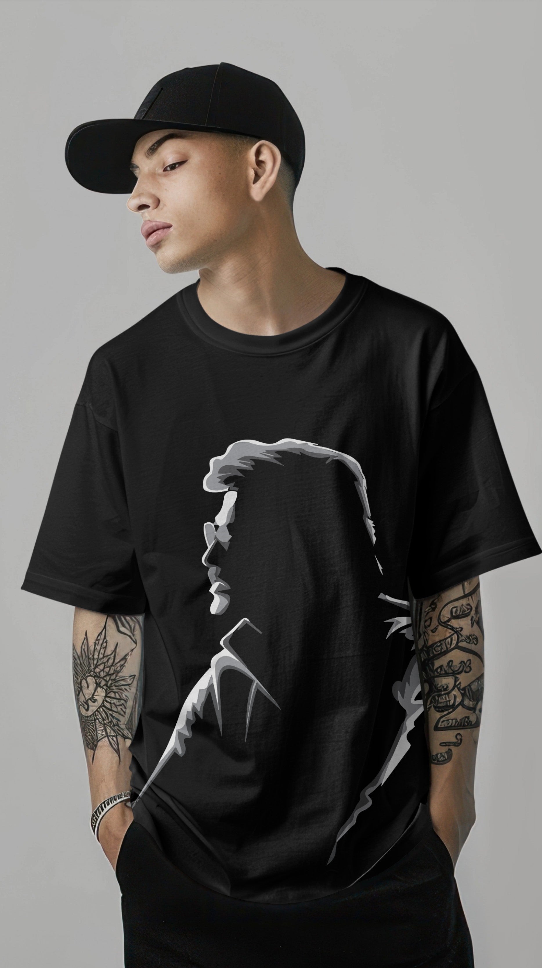 Rajini Silhouette Front-Print Oversized T-Shirt – Black Edition Harble Outfits