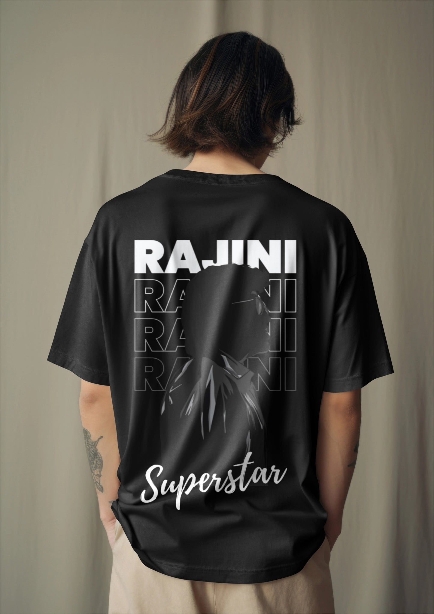 Rajini Superstar Back-Print Oversized T-Shirt – Black Drop Harble Outfits