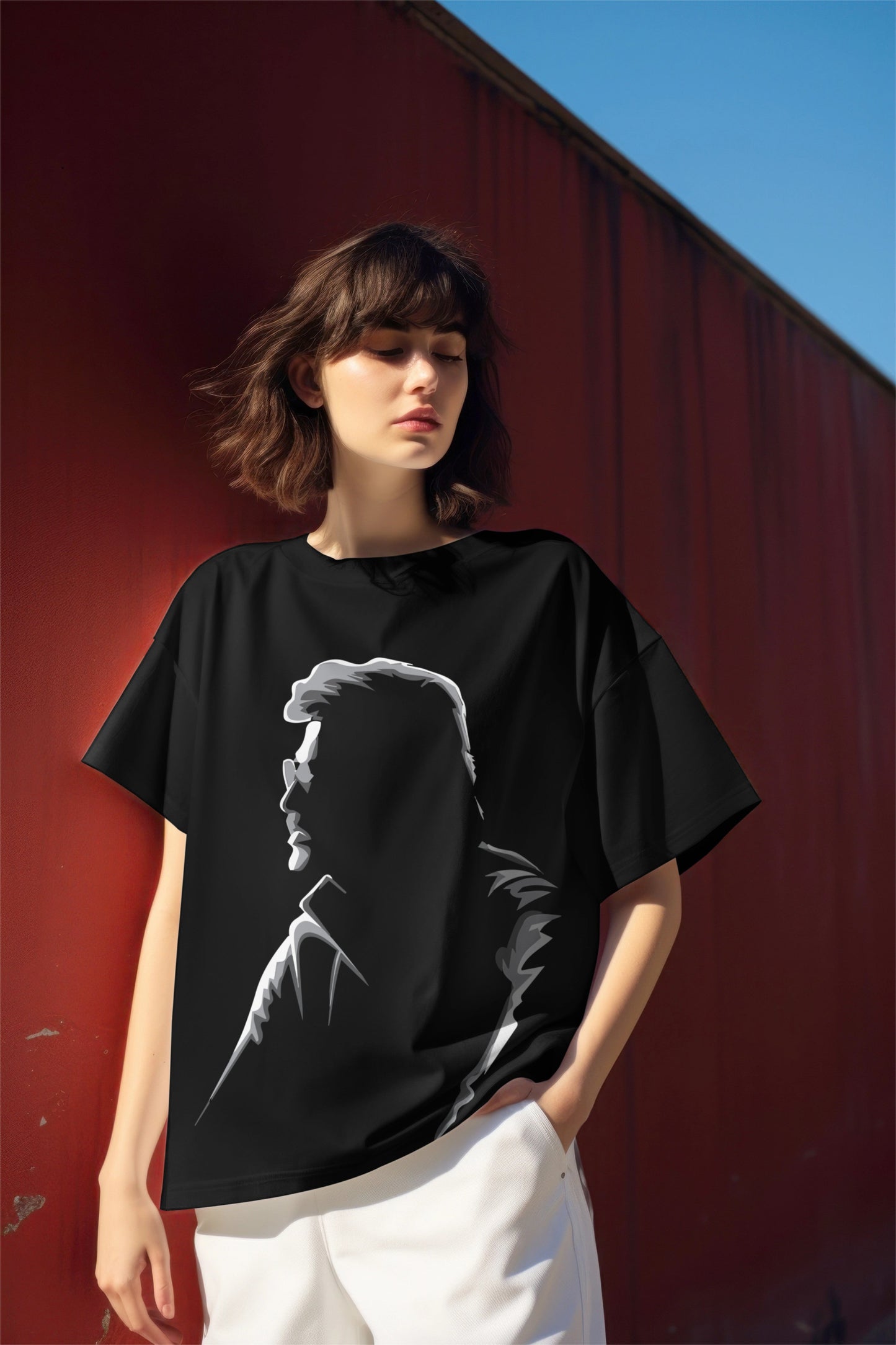 Rajini Silhouette Front-Print Oversized T-Shirt – Black Edition Harble Outfits