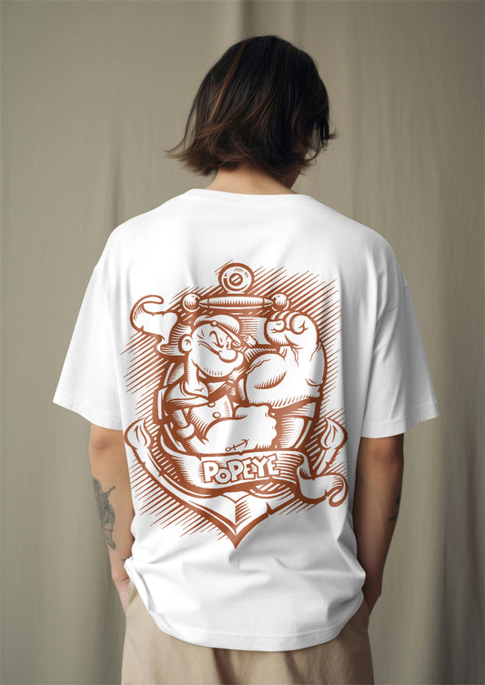 Oversized White T-Shirt – Vintage Popeye Anchor Graphic Print Harble Outfits